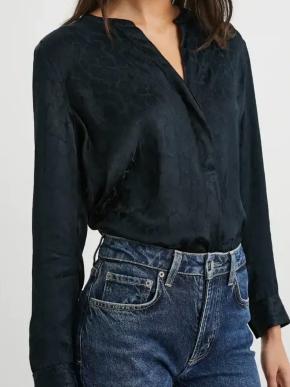Rails Black Satin Jacquard V-Neck Long Sleeve Blouse